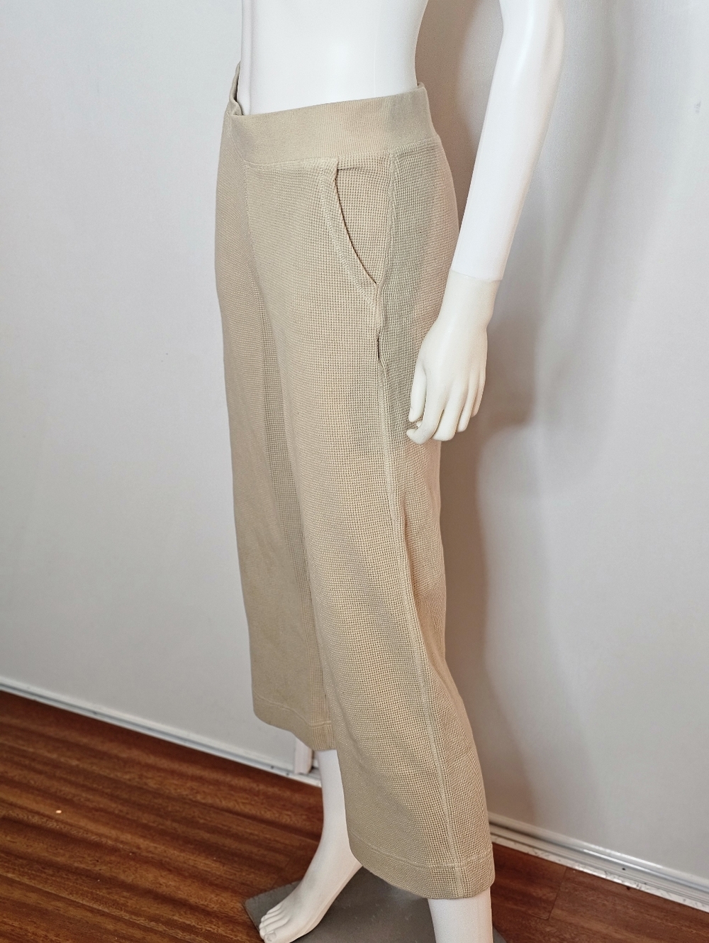 Pact 100% Organic Cotton Waffle Women's Beige Wide-Leg Knit Pants Size M - Picture 2 of 12